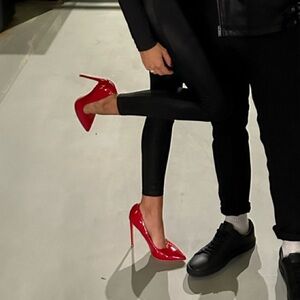 Stylish Black Leather Jacket and Red Heels